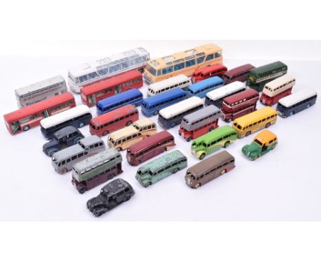 Thirty Dinky Toys Coaches,Buses and Taxis, 2 x Vega Major Luxury Coaches one of which has been repainted, 2 x AEC Single Deck