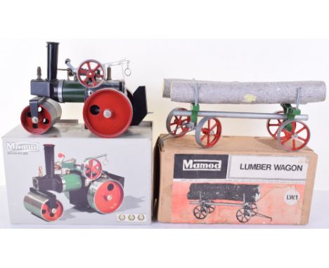 Mamod boxed live steam SR1a Steam Roller and LW1 Lumber wagon, Steam Roller with safety valve and filler plug, control lever,
