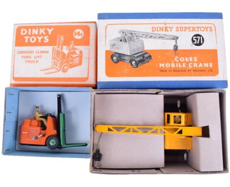  Two Boxed Dinky Toys, 14c Coventry Climax Fork Lift Truck, orange/green body, in original orange card lidded box, with packi