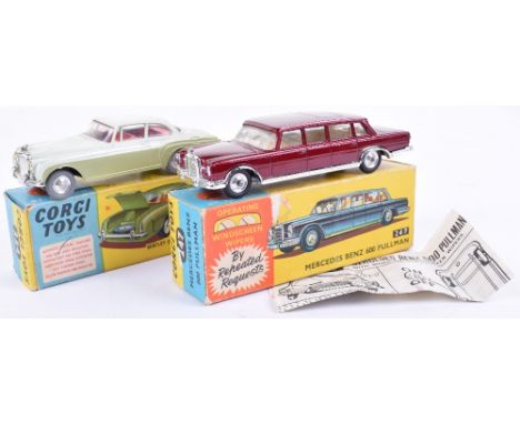 Two Boxed Corgi Toys Cars, 224 Bentley Continental Sports Saloon, two tone green body, red interior, spun wheels, in very goo