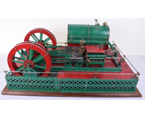 Meccano Shop Display model of a Twin cylinder Steam Engine, green and red constructed engine with brass pulleys cogs and gear