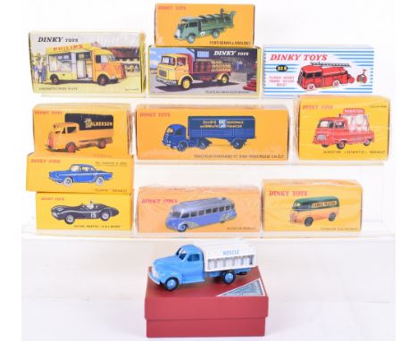 Twelve  Atlas Edition French Dinky Toy Diecast  Models,25B Peugeot Mazda van, 25C Camion Latier Milk lorry,25JJ Ford Calberso