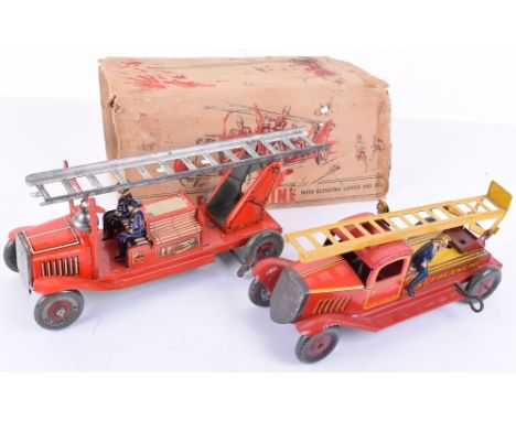 Two Wells tinplate clockwork Fire Engines, open cab with bell, lithographed in red  with cream detailing, two seated firemen,