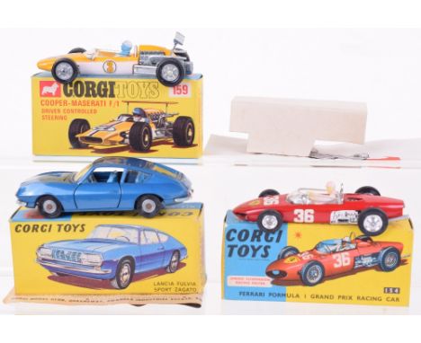 Corgi three boxed cars, 159 Cooper-Maserati F/1, yellow RN3, boxed with inner packing and leaflet, 154 Ferrari F/1 racing car
