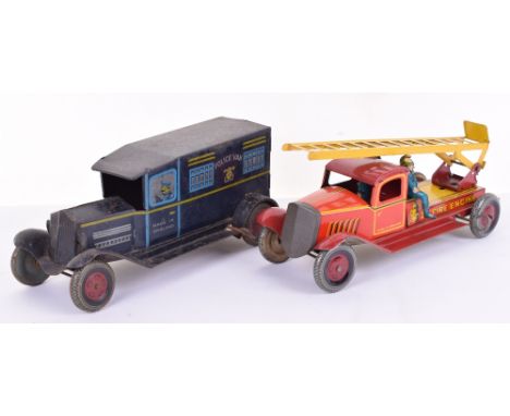 Wells of London M141 clockwork Fire Engine, lithographed in red and yellow with extending ladder, two seated firemen, c/w mec