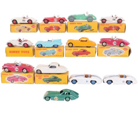 Dinky ten boxed Sports and Racing cars, 2x107 Sunbeam Alpine sports cars, deep pink, grey interior, RN34, both in correct col