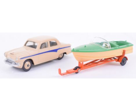 Two Unboxed Dinky Toys  176 Austin A105, cream body/wheel hubs, blue flash and 796 Healey sports boat, on trailer, both in ne