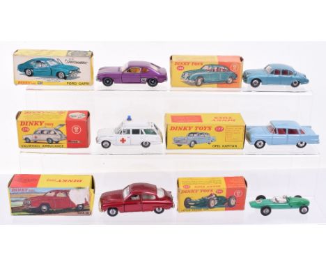 Six Dinky Toy Models in Original Boxes, 146 2.5Litre V8 Daimler blue, 156 Saab 96 red – box has had a label carelessly remove