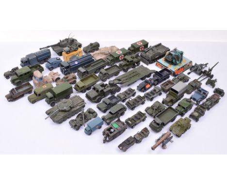 Quantity of Playworn Military Models Mostly Dinky Toys, including semi boxed Austin Para-Moke 601 complete with parachute and