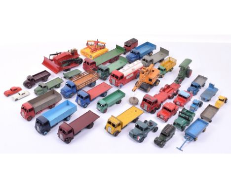 Quantity of  Playworn Dinky Toys  Commercials, including boxed Disc Harrow 322 – box has torn end flap, 4x Guy Flatbeds, 2x  