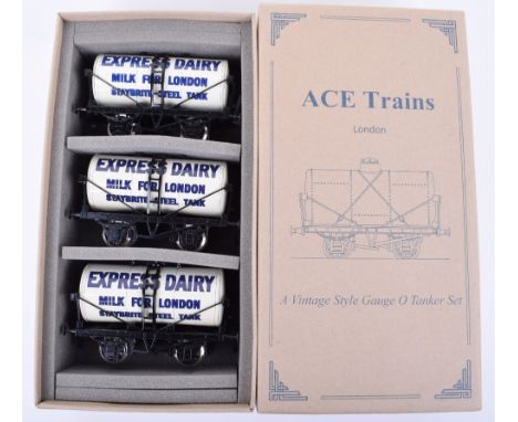 Ace Trains London 0 gauge  Express Dairy Milk Tanker Set C, three vintage style tinplate tank wagons in mint boxed condition 