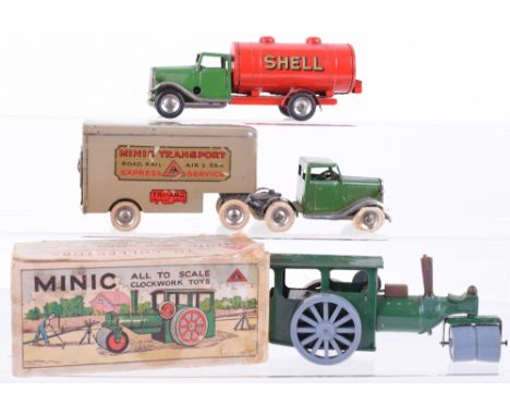 Minic long bonnet Pantechnicon, Petrol Tanker and Steam Roller, 30M Articulated Pentechnicon green cab, fawn back with Minic 