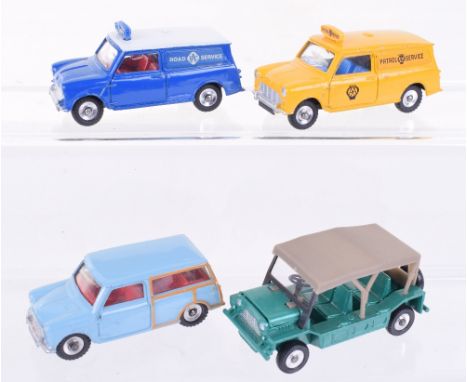 Four  Dinky Toys  Mini Diecast Models, 199 Austin Seven Countryman, light blue, red interior,273 RAC Mini Minor Van, blue bod