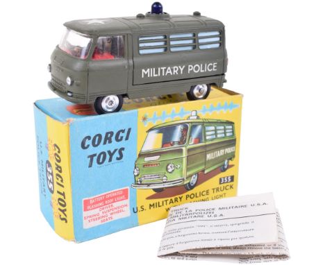 Boxed Corgi Toys 355 U.S. Military Police Truck with working light, military green Commer van , red interior, shaped spun whe