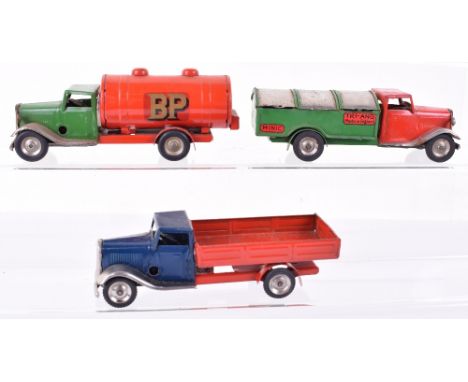 Minic  long bonnet Petrol Tanker, Dustcart and Delivery lorry, 15M BP tanker, green cab, red back, 25M delivery lorry dark bl