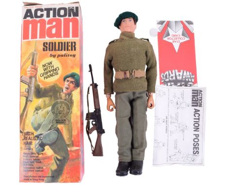 Boxed  Action Man Soldier, 34052 with Action Man figure, gripping hands, realistic hair, beret, sweater, trousers, boots, bel