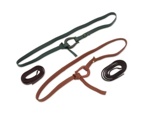 ELSA PERETTI FOR TIFFANY: NEPHRITE AND JASPER BELT BUCKLESAccompanied by four leather belts, Jasper belt signed Peretti, Tiff