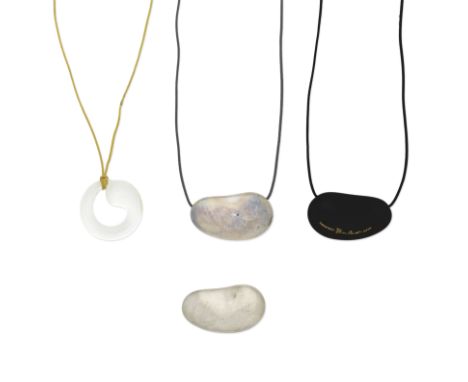 ELSA PERETTI FOR TIFFANY: THREE BEANS AND ONE ROCK CRYSTAL PENDANT1st: Silver bean pendant, and silver bean object, black lac
