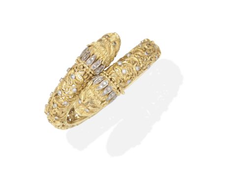 ZOLOTAS: DIAMOND-SET CHIMERA BANGLEHinged, of textured openwork design, set with single-cut diamonds,  maker's mark, inner ci
