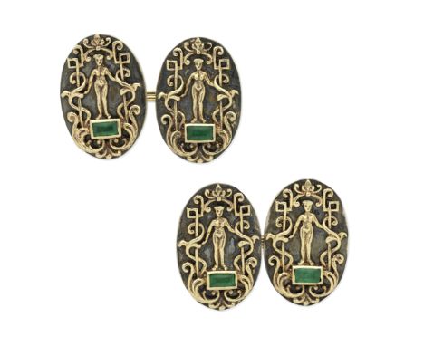 TIFFANY: ART NOUVEAU EMERALD-SET CUFFLINKS, CIRCA 1900Each silver plaque decorated with gold and a step-cut emerald,  signed 
