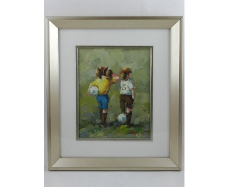 After Adrianus Cornelis Van Noort (Dutch, 1914-2003), Girls Playing Football, oil on canvas, signed lower right. H.25cm W.20c