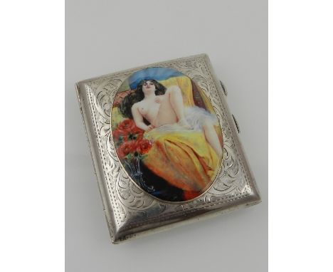 A 19th century silver cigarette case, hallmarked Birmingham, the lid decorated with an enamel plaque depicting a nude female.