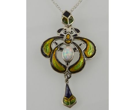 A silver, enamel, and opalite pendant, polychrome decorated , in the Art Nouveau taste, suspended on a silver chain. 