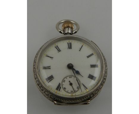An Omega open face pocket watch, the foliate engraved white metal case stamped 935, with a white enamel dial set out with Rom