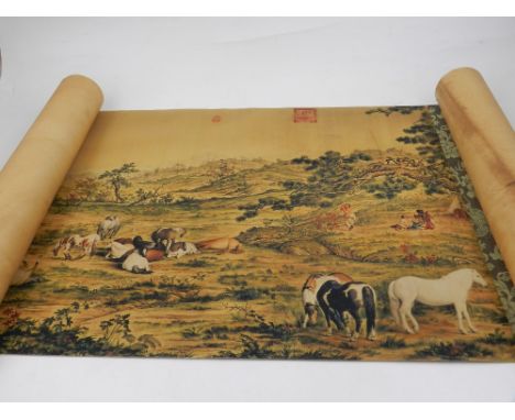 A Chinese scroll, decorated with horses gambolling in landscape scene. 