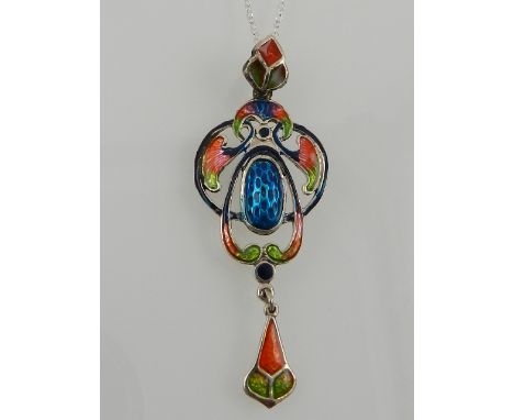 A silver and enamel pendant, in the Art Nouveau taste, polychrome decorated, suspended on a silver chain.