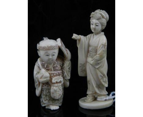 Two late 19th / early 20th century Japanese miniature ivory okimonos, one of an elegant geisha the other a young scholar with