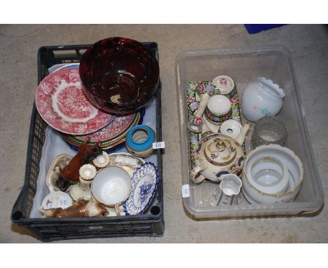 Two trays of decorative plates, dressing table set, lamp shades, glass bowl, etc.