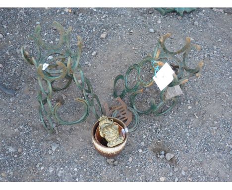 Two Horseshoe plant stands, (one a/f), brass door knocker and trivet.