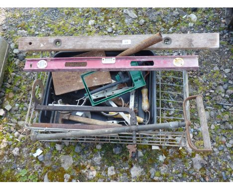 A quantity of levels, stirrup pump, tools etc.