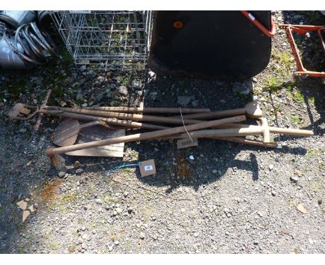 A quantity of garden tools including. turf spade, hoes, rake etc.