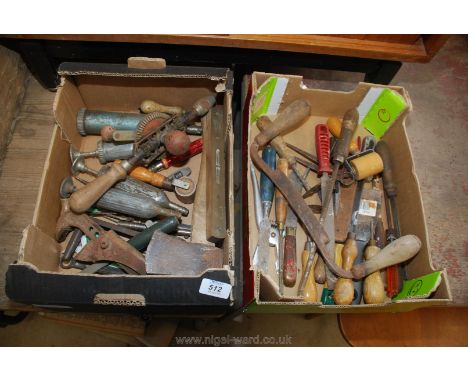 Two boxes of hand tools including; draw knife, grease guns, files, hand drills, etc.
