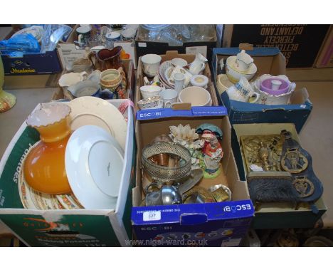 Six boxes of various jugs, china, oil lamp shade, brass trivet &amp; brush, etc.