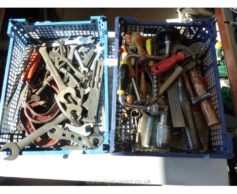 Two trays of various spanners, G clamps, tools, etc.