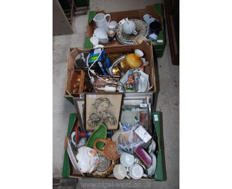 Three boxes of various decorative china, jewellery boxes, table lamp etc.