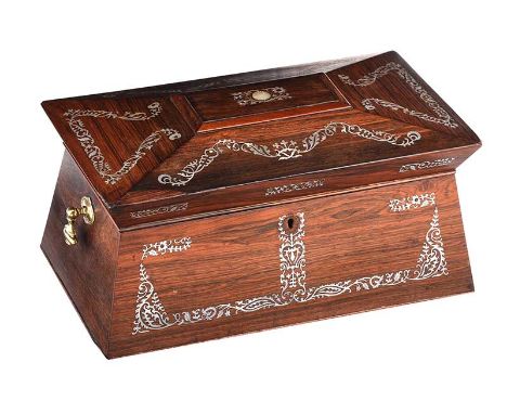 ROSEWOOD SARCOPHAGUS JEWELLERY BOX WITH MOTHER OF PEARL INLAY AND BRASS DROP HANDLES.HEIGHT: 7 INCHES.WIDTH: 13 INCHESDEPTH: 