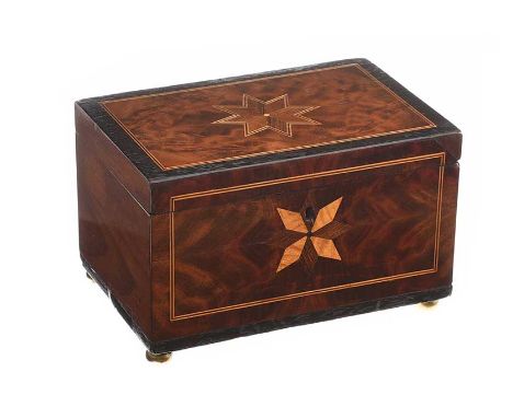 ANTIQUE INLAID MAHOGANY JEWELLERY BOX. RAISED ON FOUR BRASS BALL FEET.HEIGHT: 6 INCHES.WIDTH: 9 INCHES.DEPTH: 6 INCHES.IN GOO