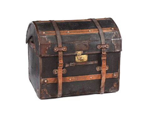VICTORIAN LEATHER BOUND DOME TOP TRUNK WITH WOODEN SLATS AND LEATHER HANDLES. HEIGHT: 24 INCHES.WIDTH: 27 INCHES.DEPTH: 19 IN