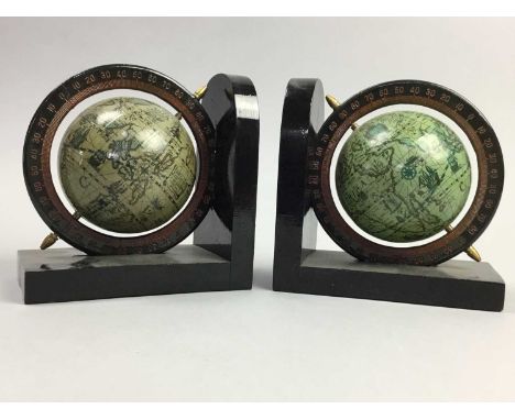 PAIR OF BOOKENDS, modelled with globes, 14cm high, along with various mantel clocks, barometers and an egg timer