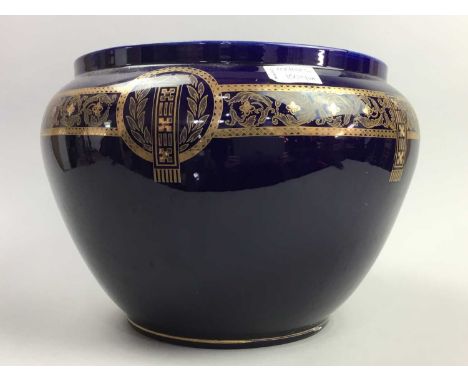 CIRCULAR CERAMIC PLANTER, with gilt decoration on a blue ground, 29cm diameter, along with a Royal Doulton plate and a decora