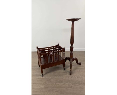 TWO REPRODUCTION TORCHERE STANDS,the taller Indonesian after a Chippendale design, 131cm high, along with a three-division Ca