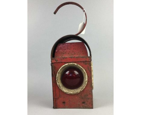 VINTAGE ROADWORKS LAMP,in red, 26cm high (excluding handle), along with a green petrol can (2)