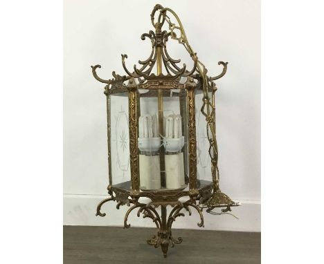 BRASSED HEXAGONAL HALL LANTERN,in the Chinese taste, five internal light fittings, 105cm to drop