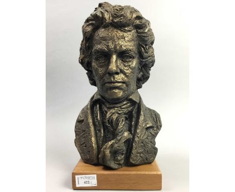 TWO AUSTIN PRODUCTIONS SCULPTURES,a bust of Beethoven and a Chinese scholar, along with two silver plated vesta cases (4)