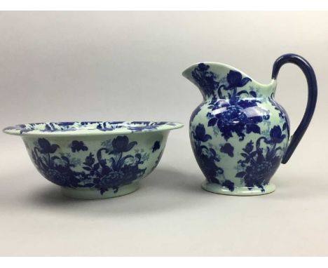 REPRODUCTION BLUE AND WHITE EWER AND BASIN,the ewer 20cm high and the basin 32cm diameter