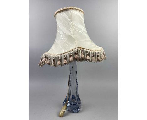 THREE STRATHERN GLASS TABLE LAMPS,each 32cm high, one with shade (3)Condition report: the glass is clear, there is a crack on